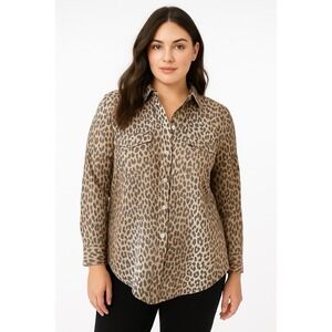 Chico's Womens Petite Small  Button Up Leopard Print Long Sleeve Animal Collared